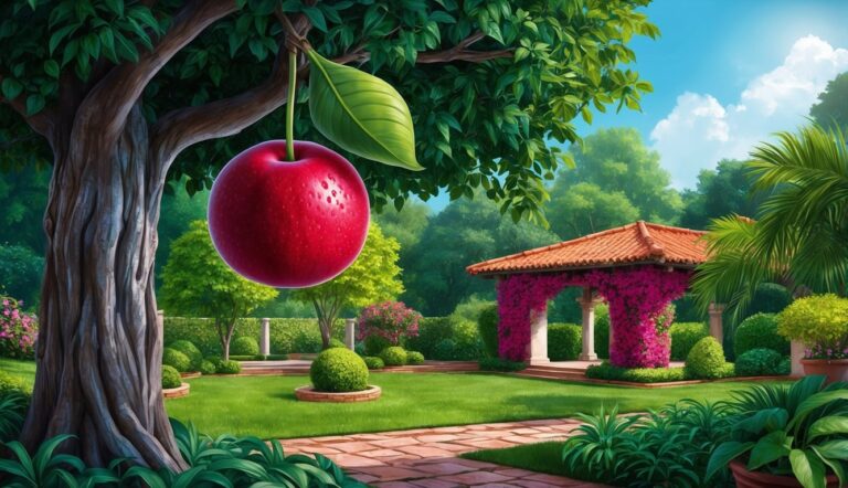Large red cherry hanging from a tree in a lush, green garden