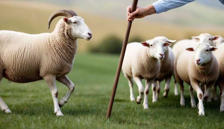 A ram and flock of sheep on a grassy field, guided by a staff