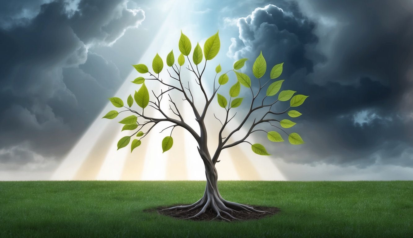 A barren tree sprouting new leaves, symbolizing transformation and growth, against a backdrop of stormy clouds parting to reveal a beam of light