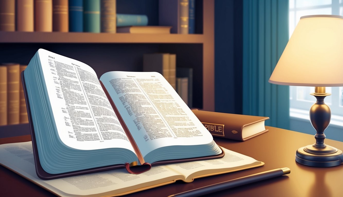 A serene study room with an open bible, a neatly arranged desk, and a soft glow from a nearby lamp