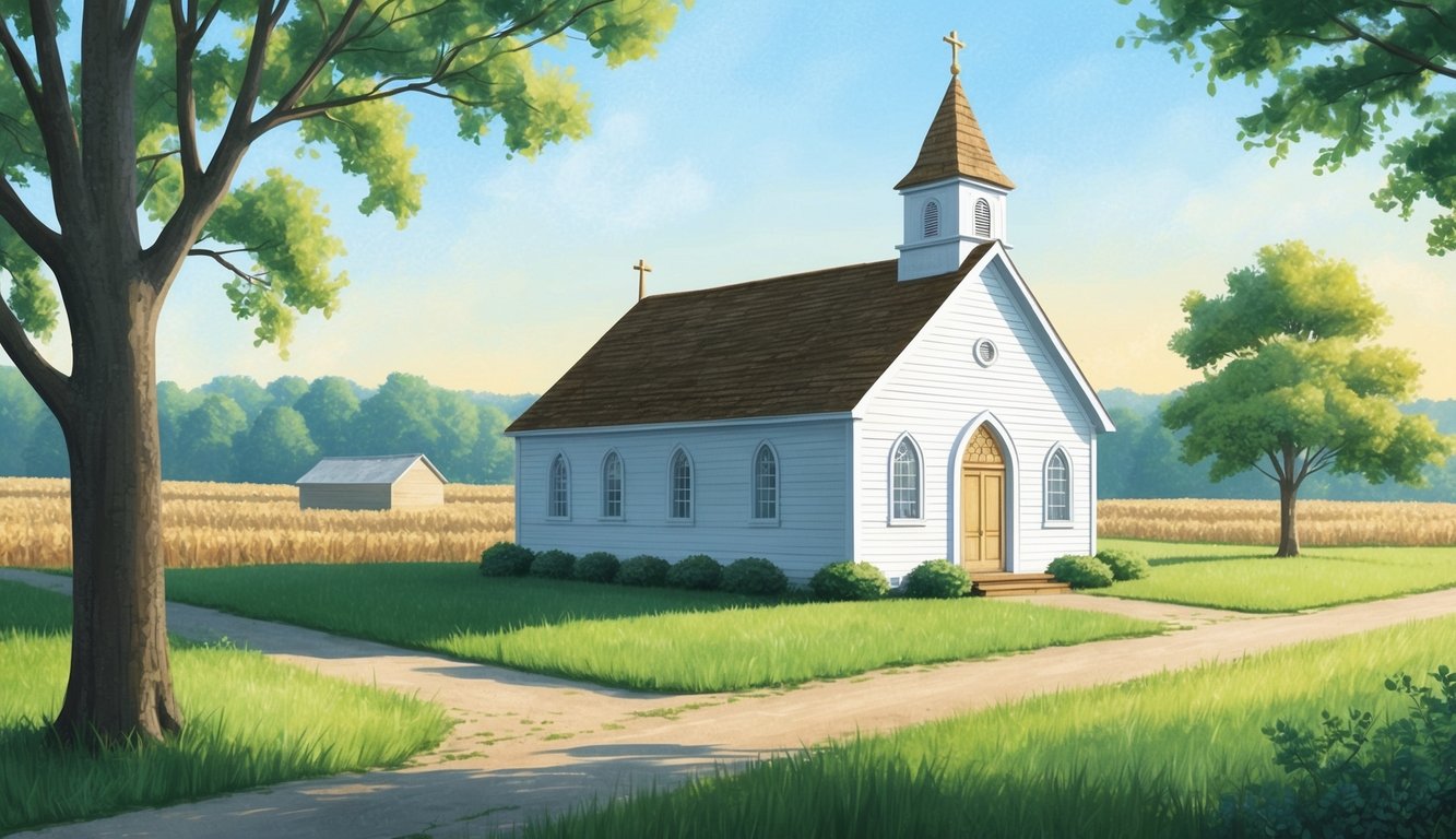 A small non-denominational church in a rural setting, surrounded by fields and trees, with a simple, modest design reflecting its historical roots