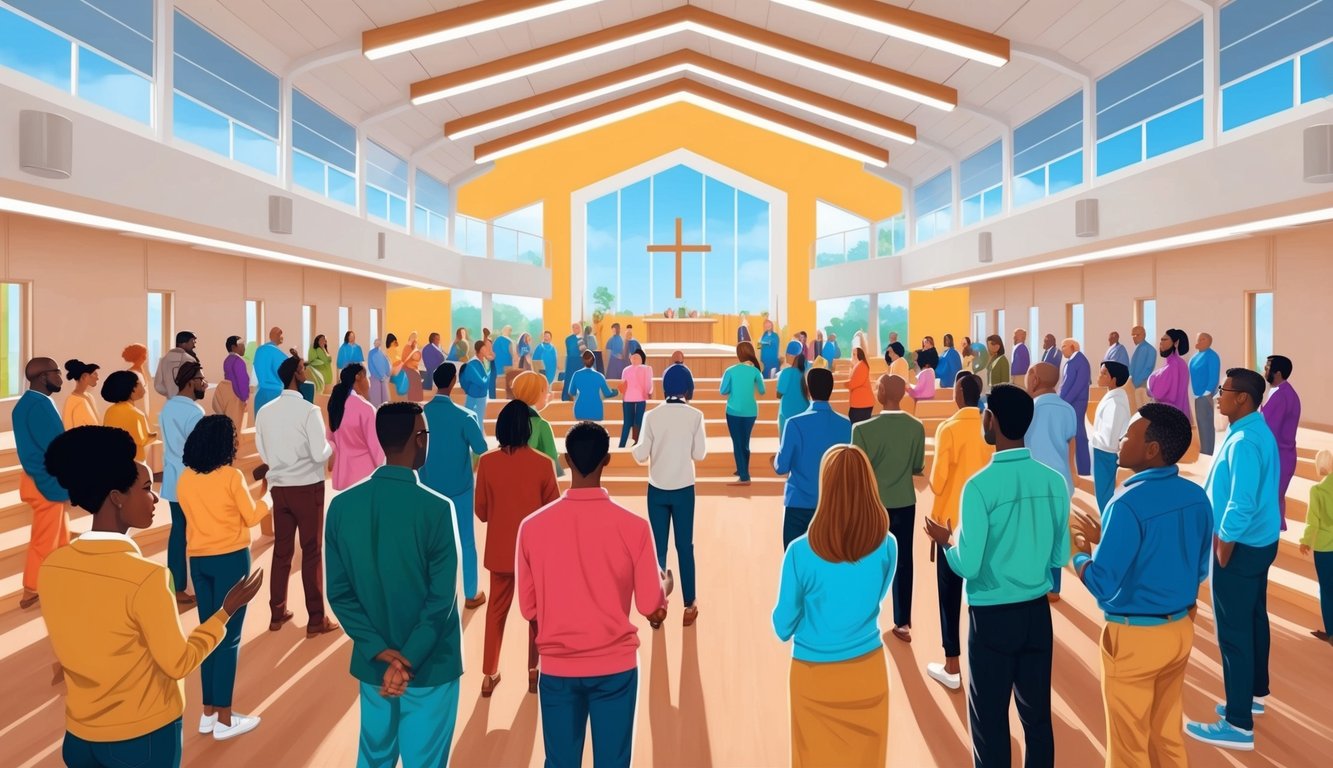 A diverse group gathers in a bright, open space for worship and community life at a non-denominational church