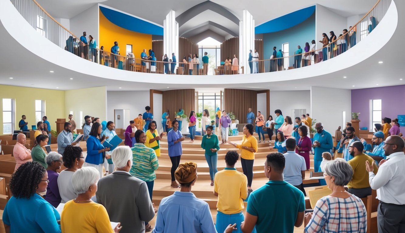 A diverse group of people gather in a modern, open-concept non-denominational church, engaging in various forms of worship and community activities