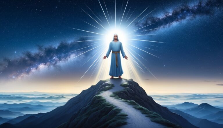Figure in blue robes with light stands on mountain, starry sky background