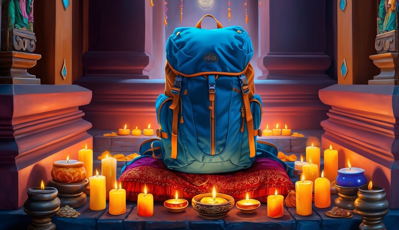 A traveler's backpack surrounded by glowing candles and offerings on a shrine