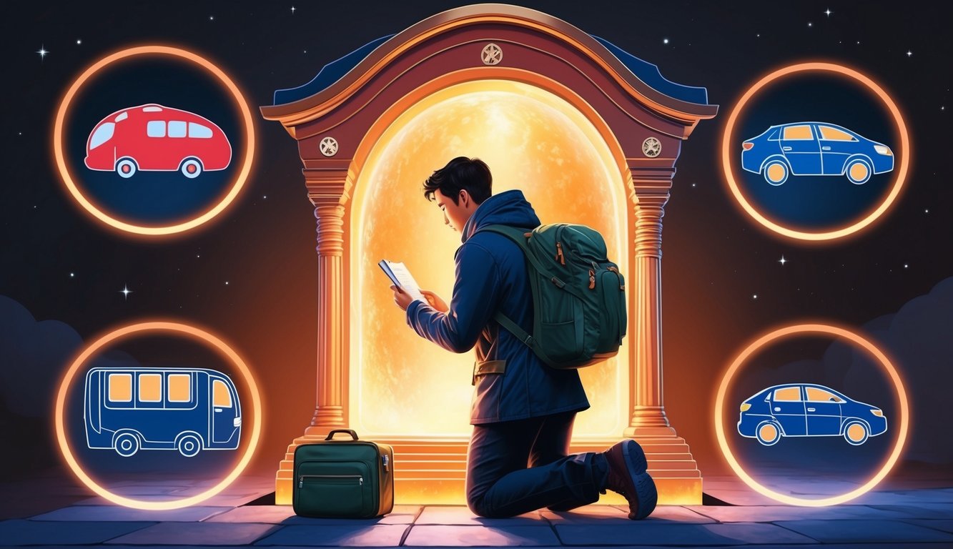 A traveler kneeling before a glowing shrine, surrounded by symbols of different modes of transportation