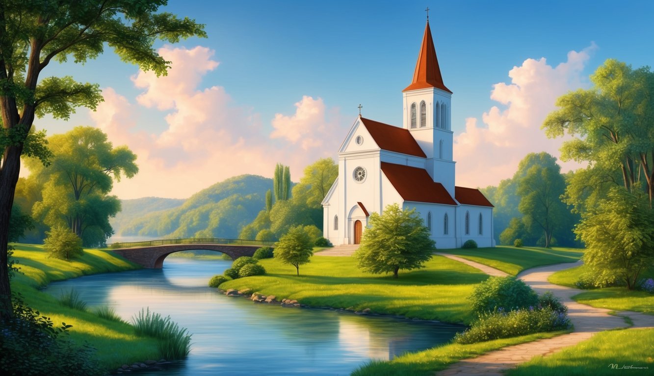 A serene landscape with a church and a peaceful river, surrounded by lush greenery and a clear blue sky