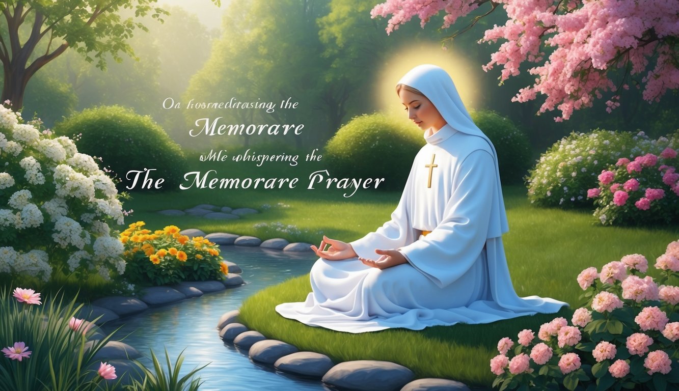 A serene figure meditates in a garden, surrounded by blooming flowers and a gentle stream, while whispering the memorare prayer