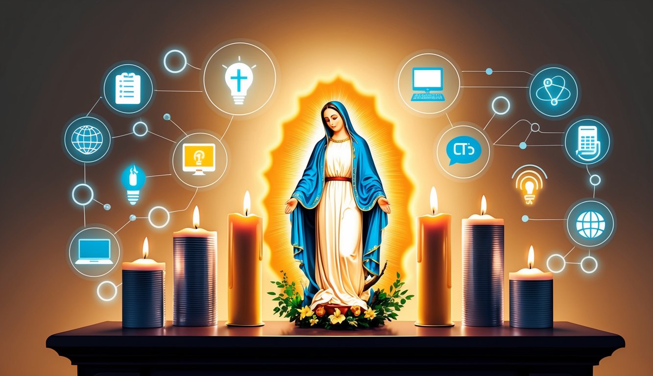 A candlelit altar with a glowing image of the Virgin Mary surrounded by modern symbols of technology and communication