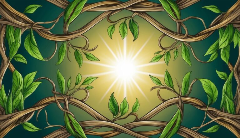 Illustration of vines and leaves framing a bright sunburst in the center