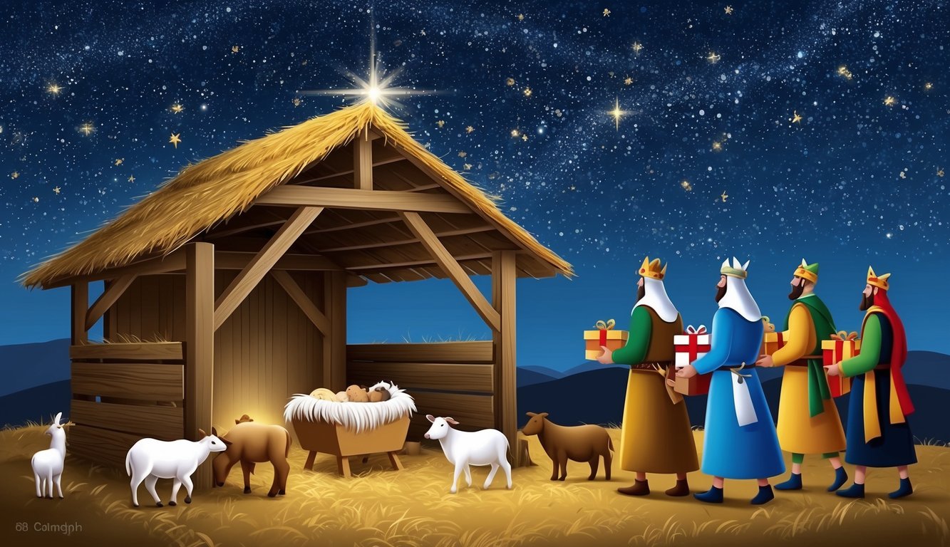 A starry night sky over a humble stable with a manger, surrounded by animals, and three wise men approaching with gifts