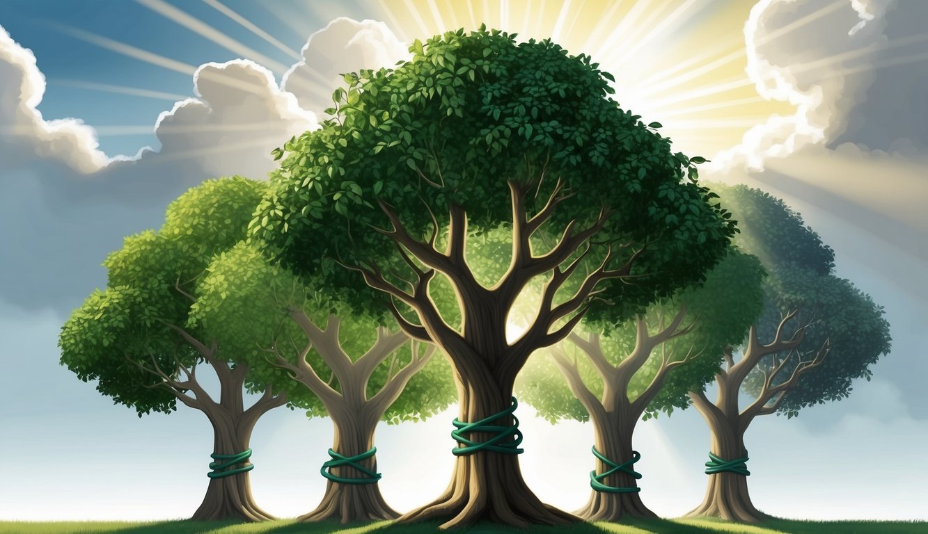 A group of trees intertwined with strong vines, symbolizing the unbreakable bonds of friendship, with rays of sunlight breaking through the clouds above