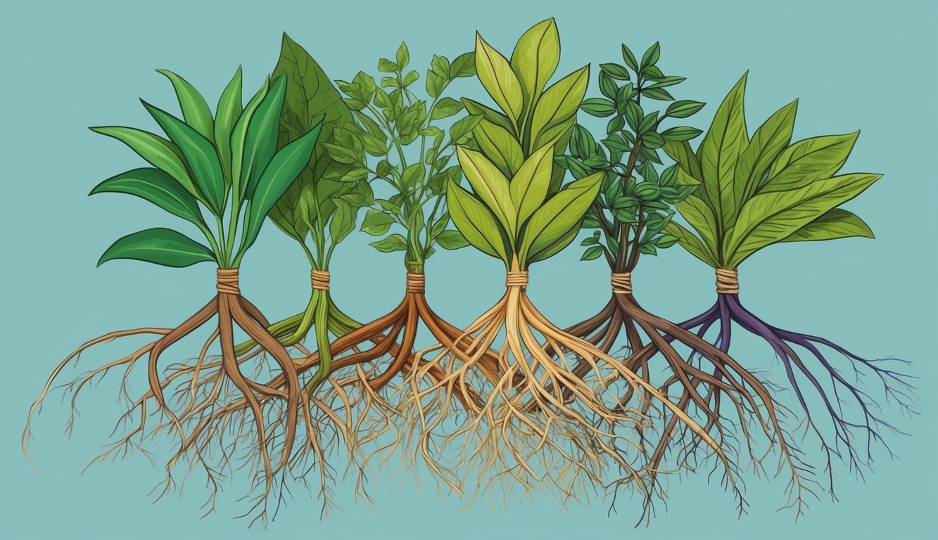 A group of diverse plants intertwining their roots, symbolizing the nurturing of strong bonds through friendship