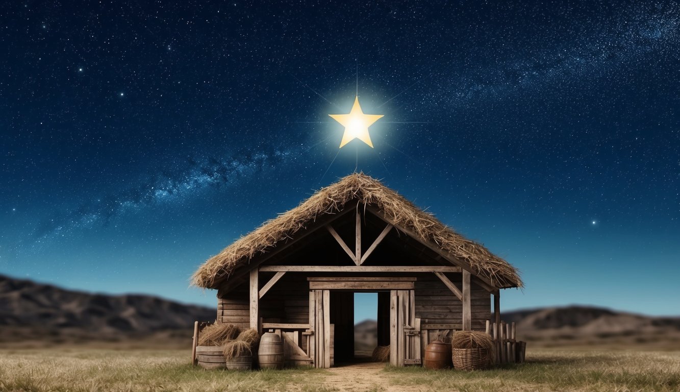 A starry night sky over a humble stable with a bright guiding star