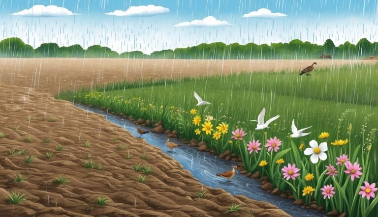 Rainy landscape with birds, flowers, and a stream flowing through fields