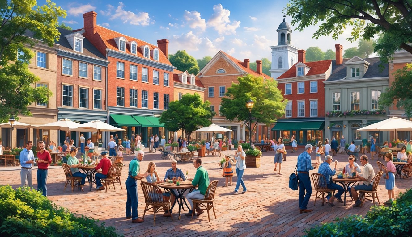 A bustling town square with people engaging in community activities, surrounded by historic buildings and vibrant greenery