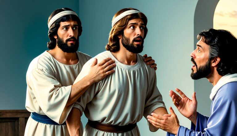 Three men in robes with surprised expressions, one gesturing