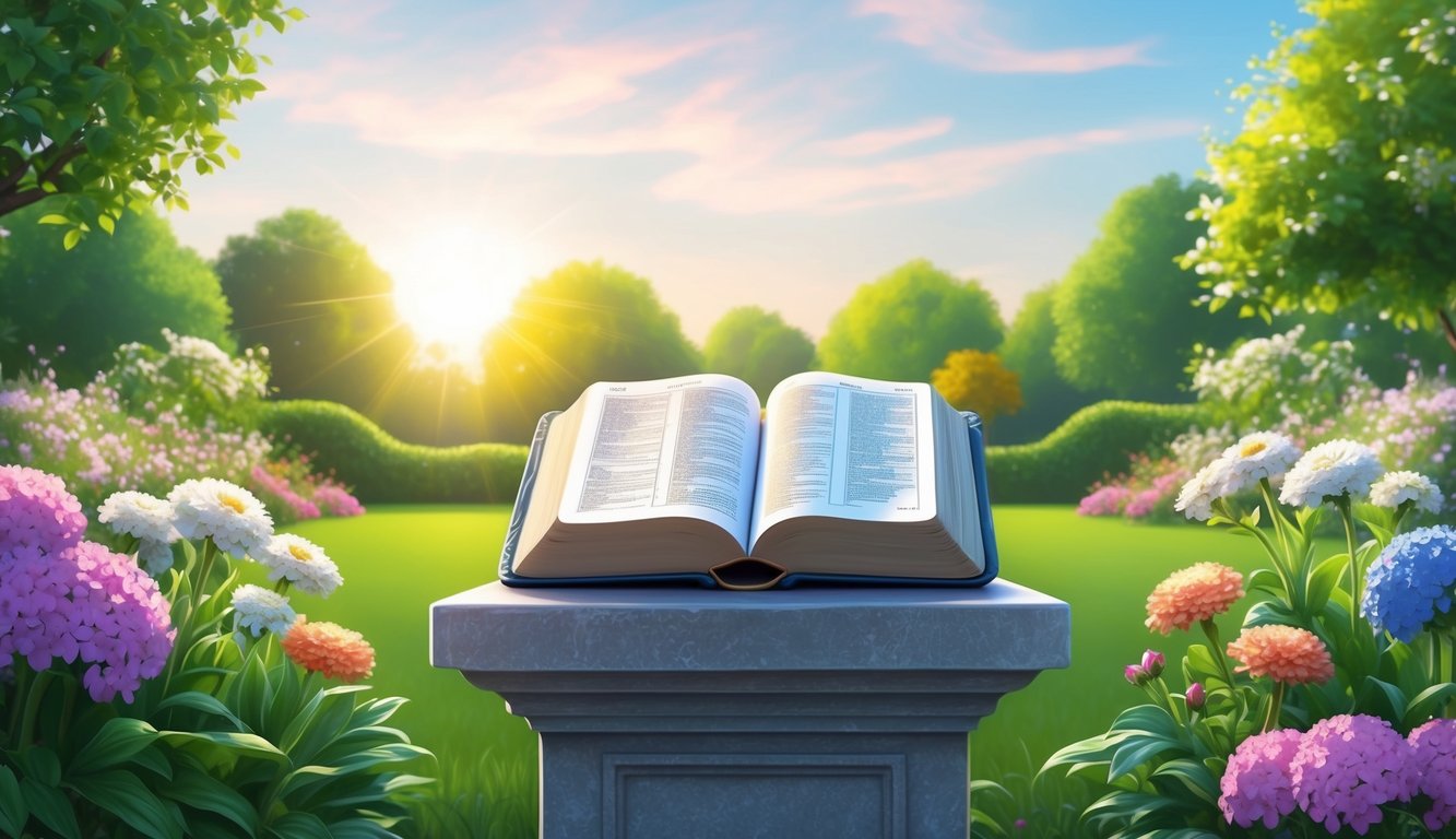 A serene garden with an open Bible on a stone pedestal, surrounded by blooming flowers and a peaceful, sunny sky