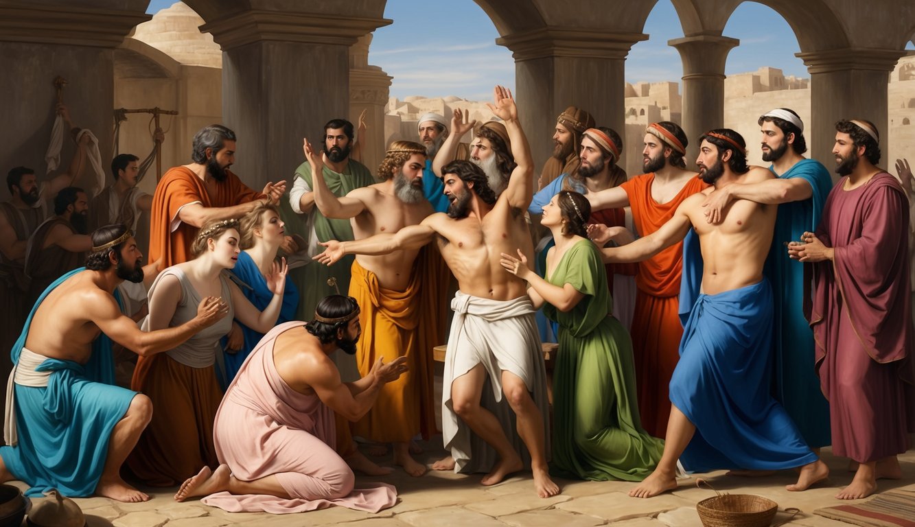 A group of people in ancient biblical times engaging in sexual acts deemed sinful by religious doctrine