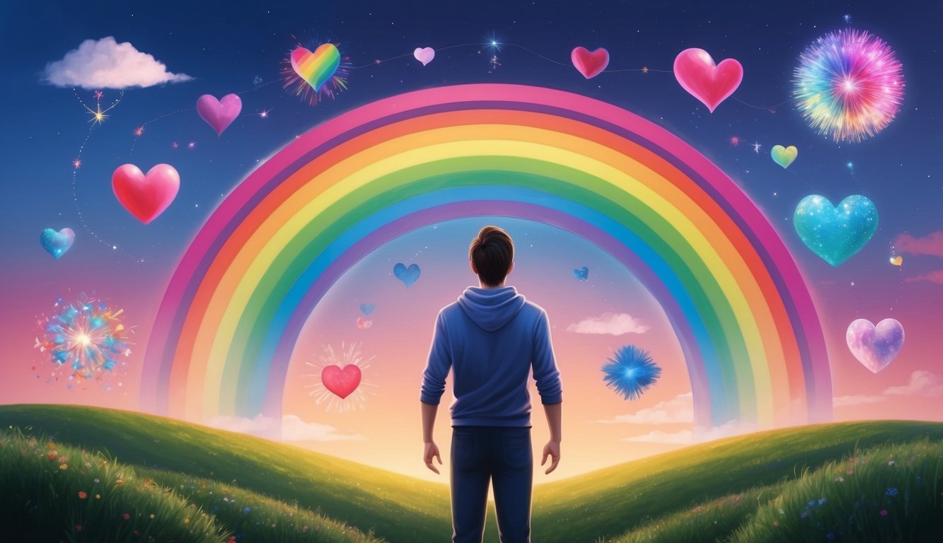 A figure looks up at a rainbow-colored sky, surrounded by diverse representations of love and intimacy