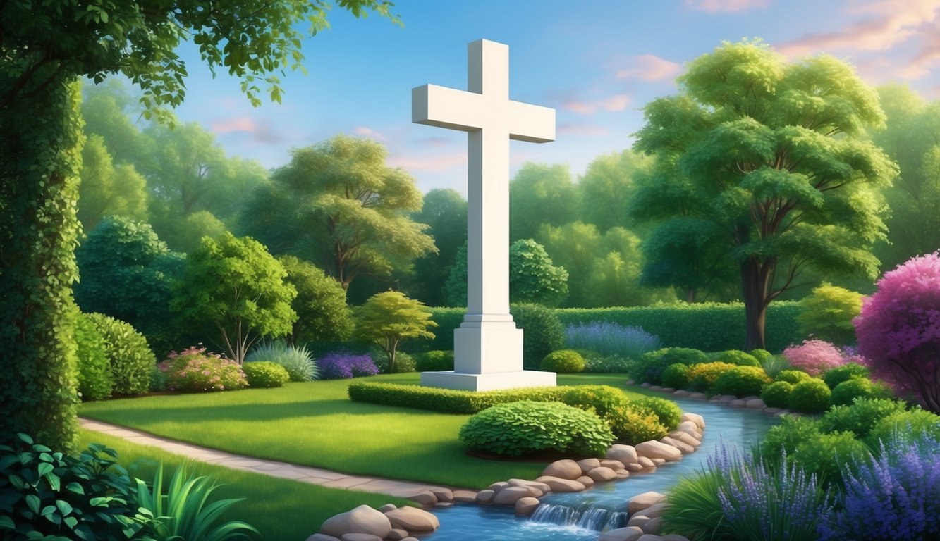 A serene garden with a prominent cross, surrounded by lush greenery and a gentle stream flowing nearby