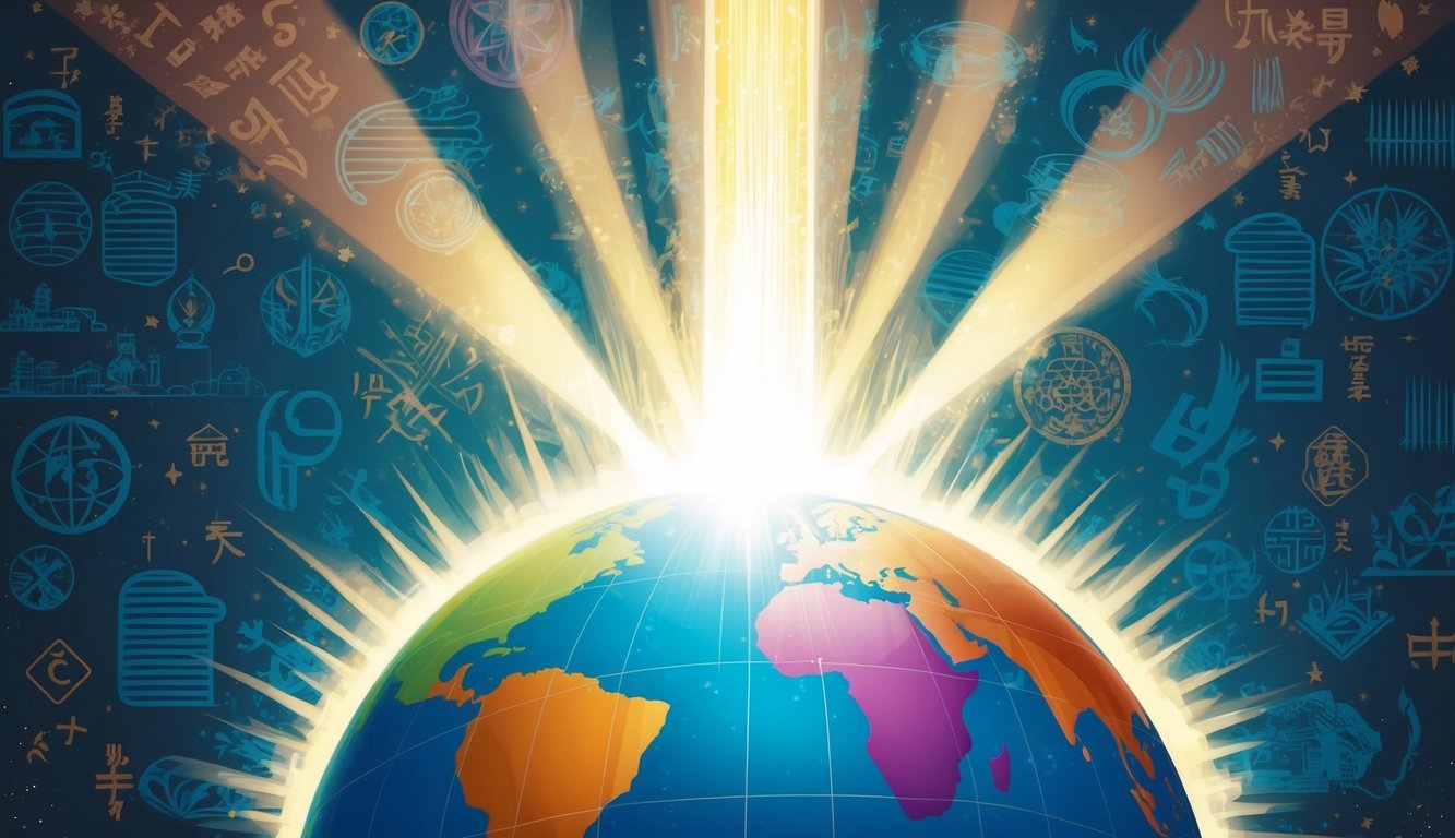 A radiant light shining down on a globe surrounded by diverse symbols and languages