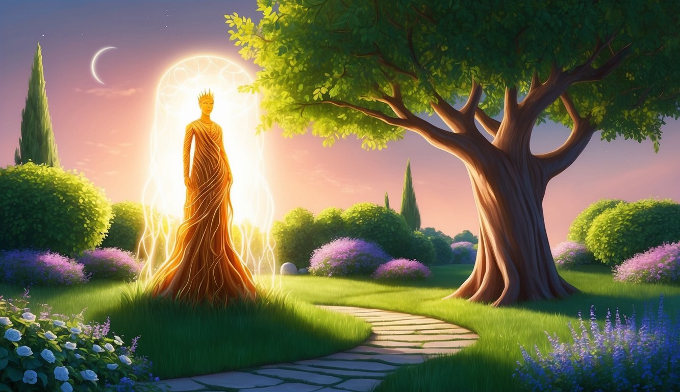 A serene garden with a tree of knowledge and a glowing figure watching over it