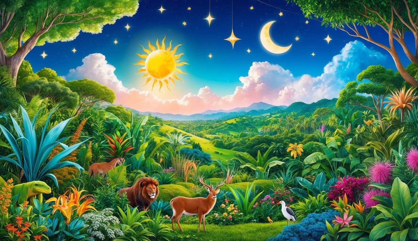 A lush, vibrant landscape with diverse flora and fauna, under a brilliant sky with sun, moon, and stars