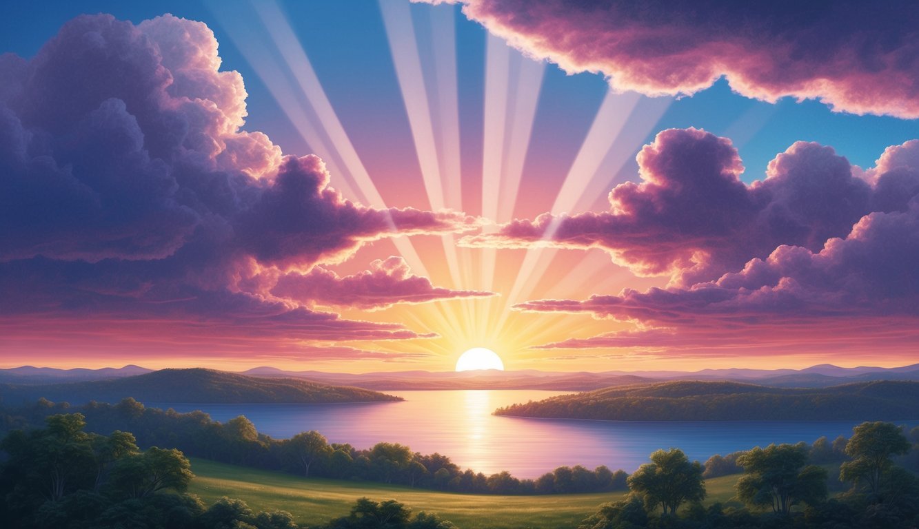 A vibrant sunrise over a tranquil landscape, with rays of light breaking through the clouds, illuminating the earth below