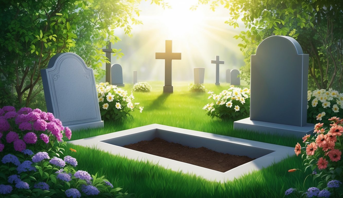 A serene, sunlit garden with flowers blooming around a tombstone and an empty, open grave symbolizing the hope of resurrection