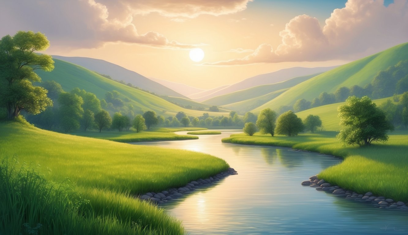 A serene landscape with a peaceful river flowing through a lush green valley, with a gentle breeze and a warm, golden light shining down from the sky