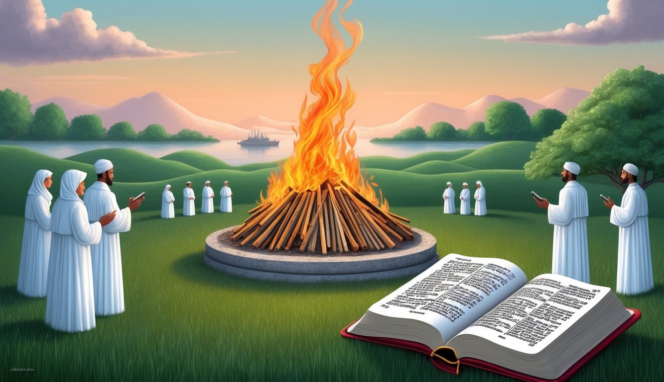 A serene landscape with a funeral pyre surrounded by mourners, with a Bible open to relevant passages