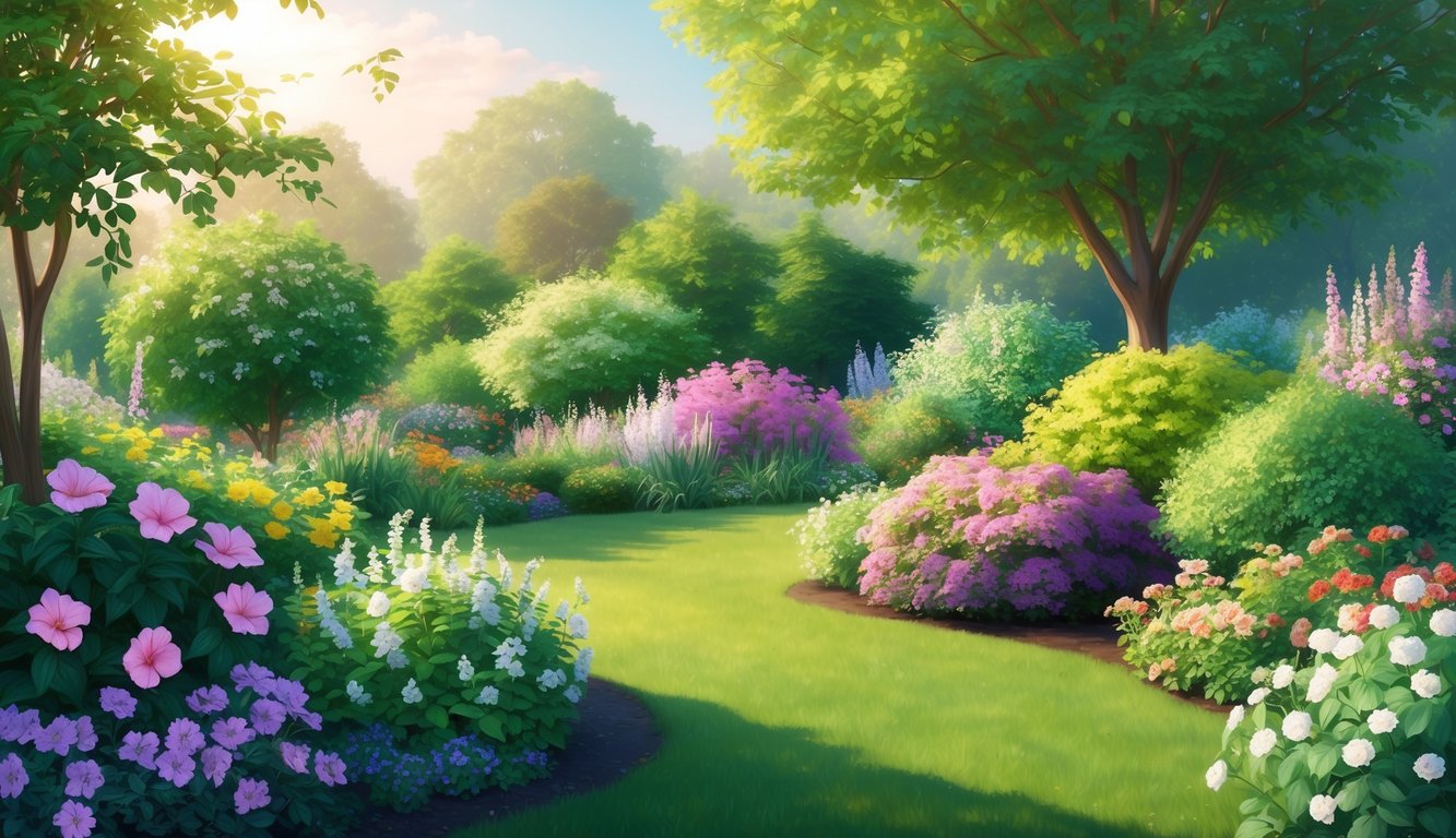 A serene garden with a variety of blooming flowers and lush greenery, bathed in warm sunlight, with a gentle breeze carrying the scent of nature