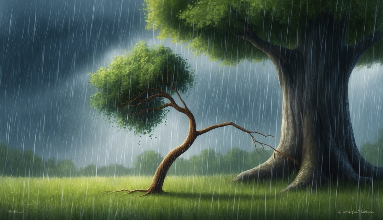 A small sapling bending under the weight of heavy rain, while a larger, older tree shelters and protects it from the storm