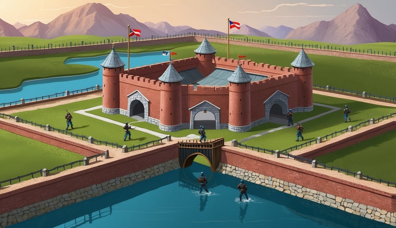 A sturdy fortress surrounded by a moat, with a drawbridge raised and armed guards patrolling the perimeter