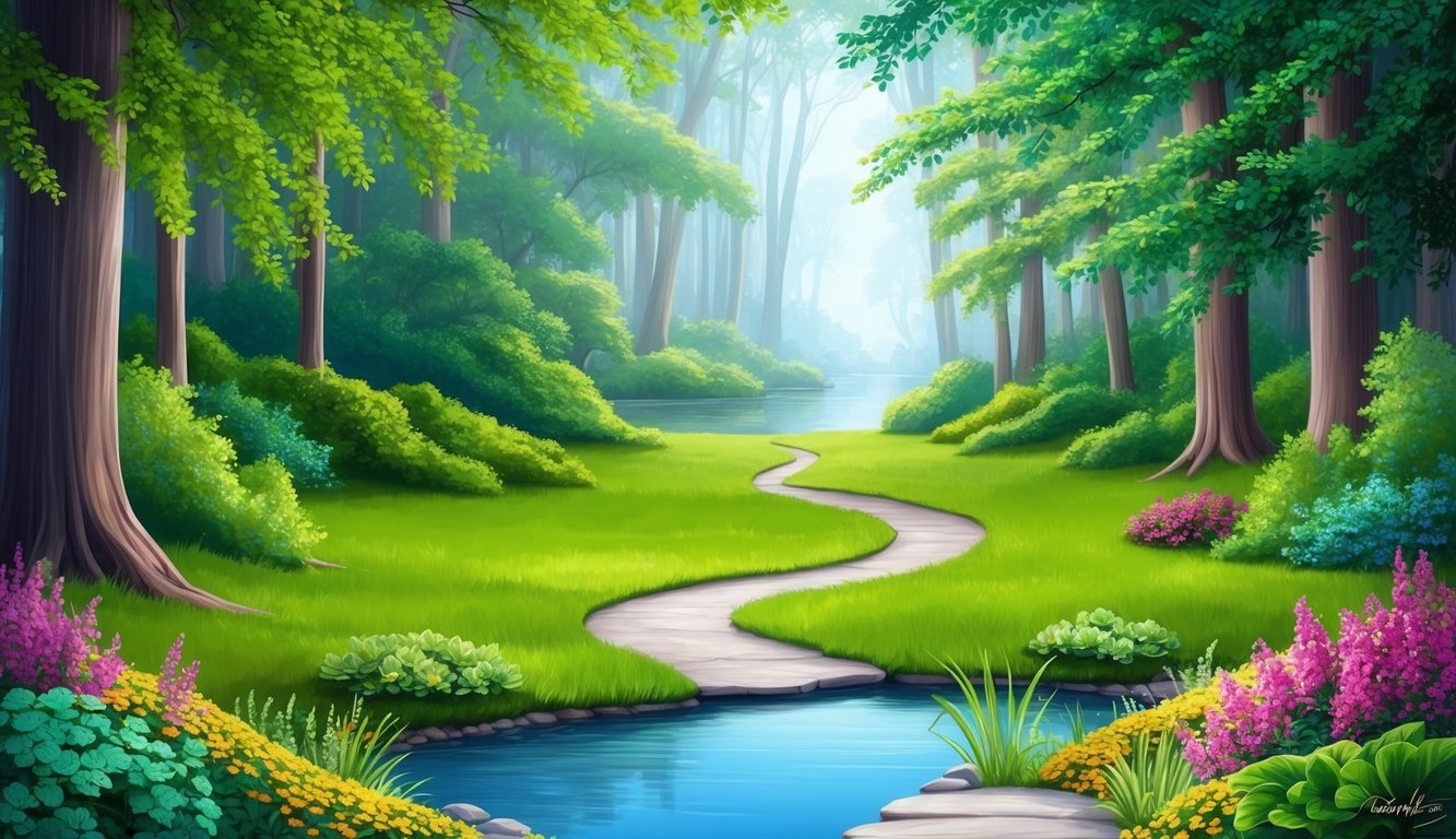 A serene forest with a winding path leading to a tranquil pond, surrounded by lush greenery and vibrant flowers