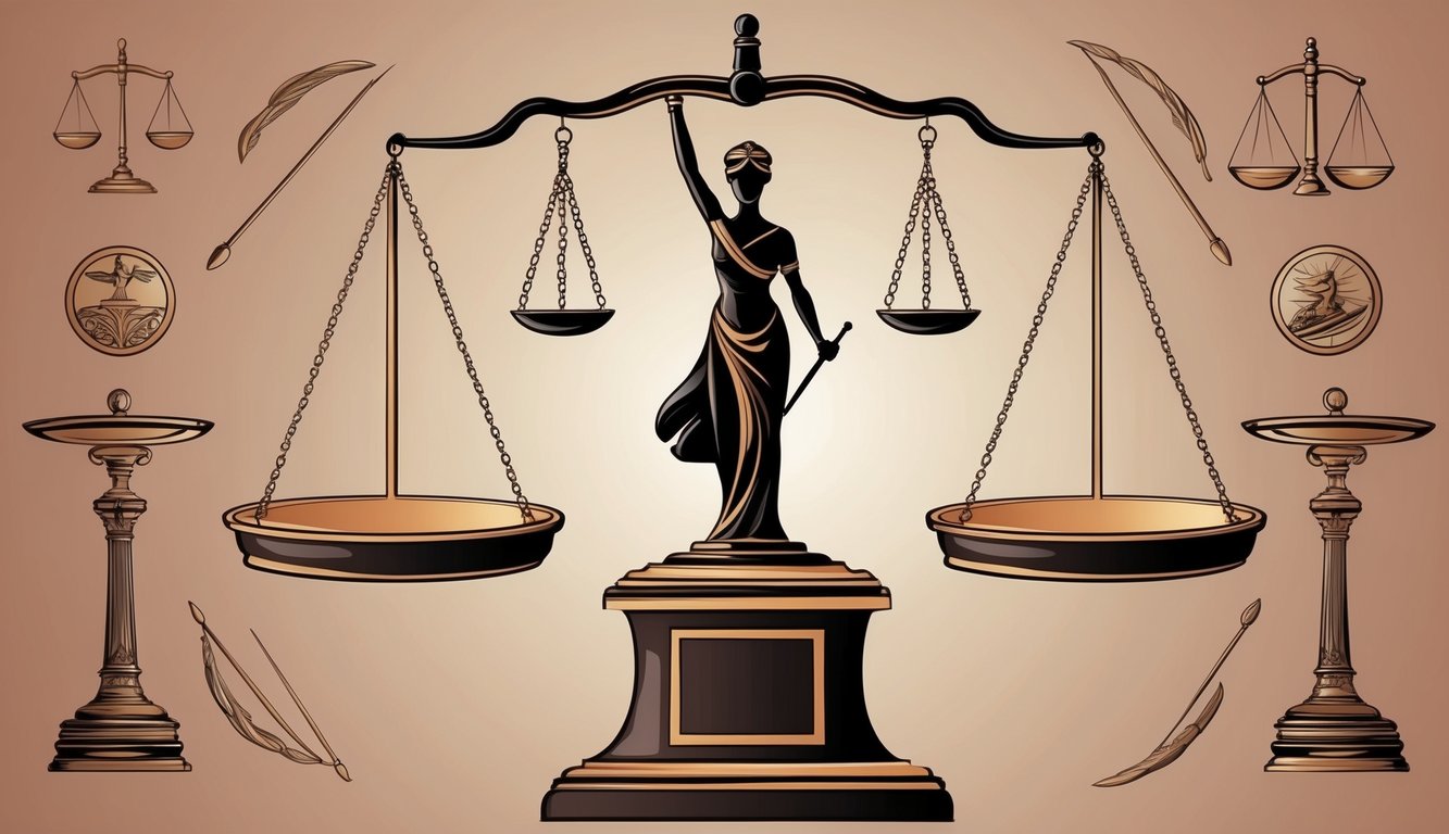 A figure balancing scales on a pedestal, surrounded by symbols of justice and fairness