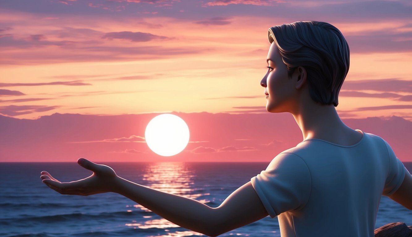 A figure gazing at a sunset, with a serene expression and open arms