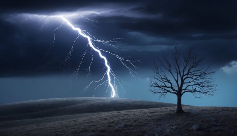 Lightning strikes a hill near a bare tree under a stormy sky