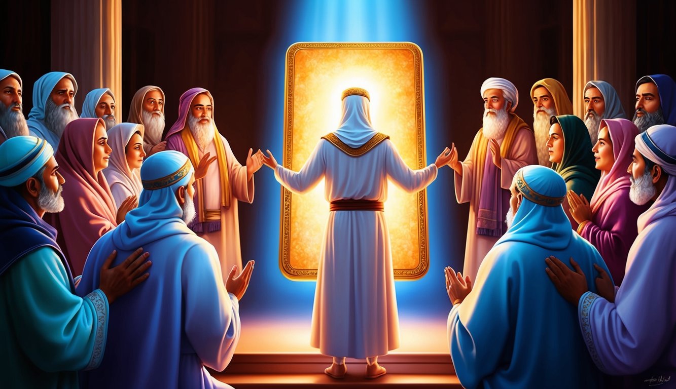 A figure standing before a glowing tablet, surrounded by worshippers in awe