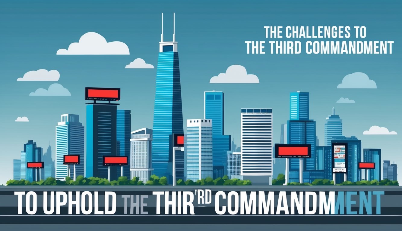 A modern city skyline with towering buildings and electronic billboards, representing the challenges to uphold the third commandment