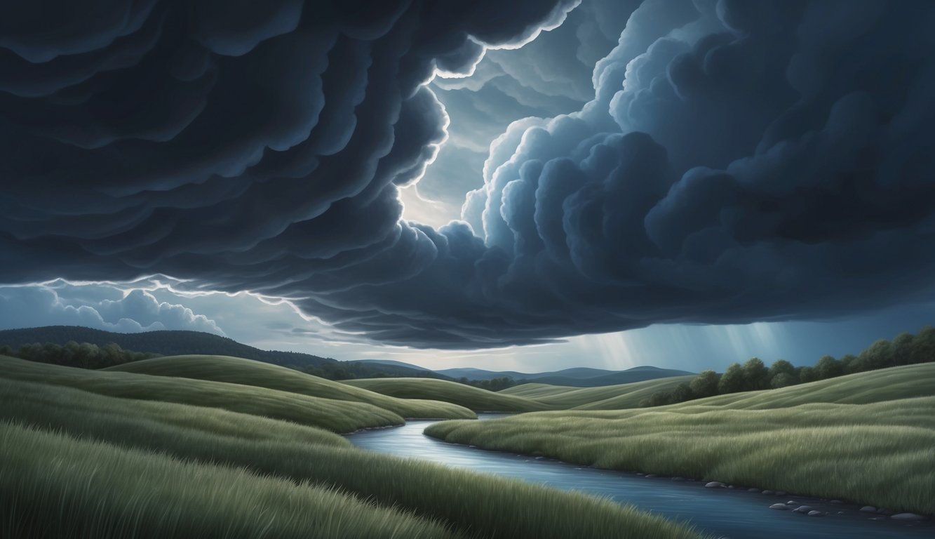 A stormy sky with dark, swirling clouds, casting shadows over a serene landscape of rolling hills and a tranquil stream