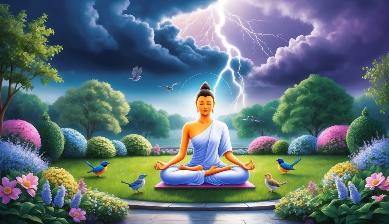 A serene figure meditates in a tranquil garden, surrounded by blooming flowers and chirping birds, while dark clouds and lightning loom in the distance