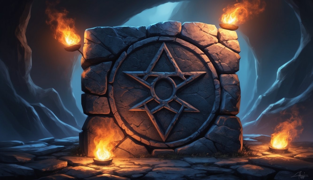 A dark, ominous symbol etched into ancient stone, surrounded by flickering torches and looming shadows