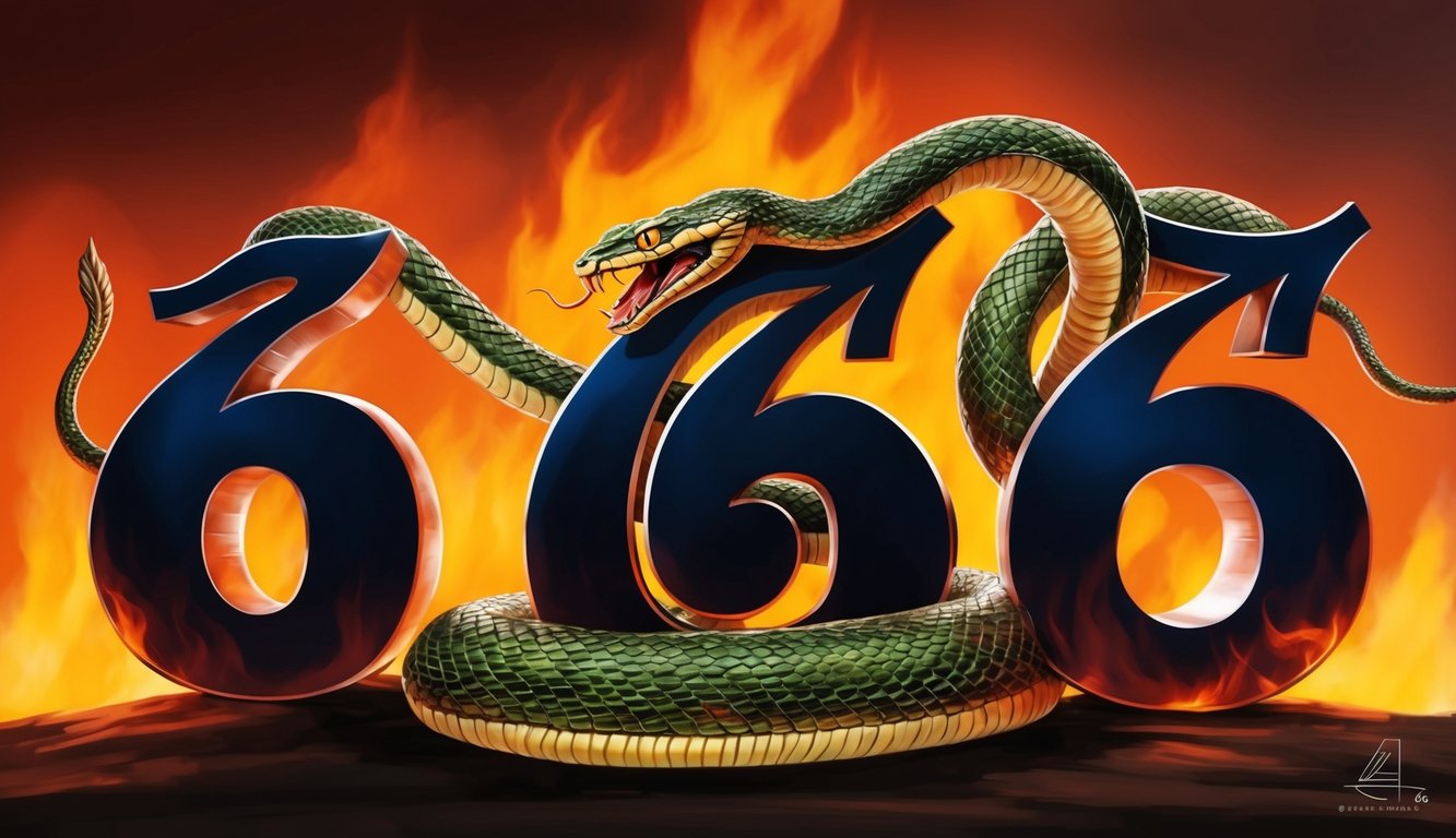 A serpent entwined around a stylized number 666, set against a fiery background