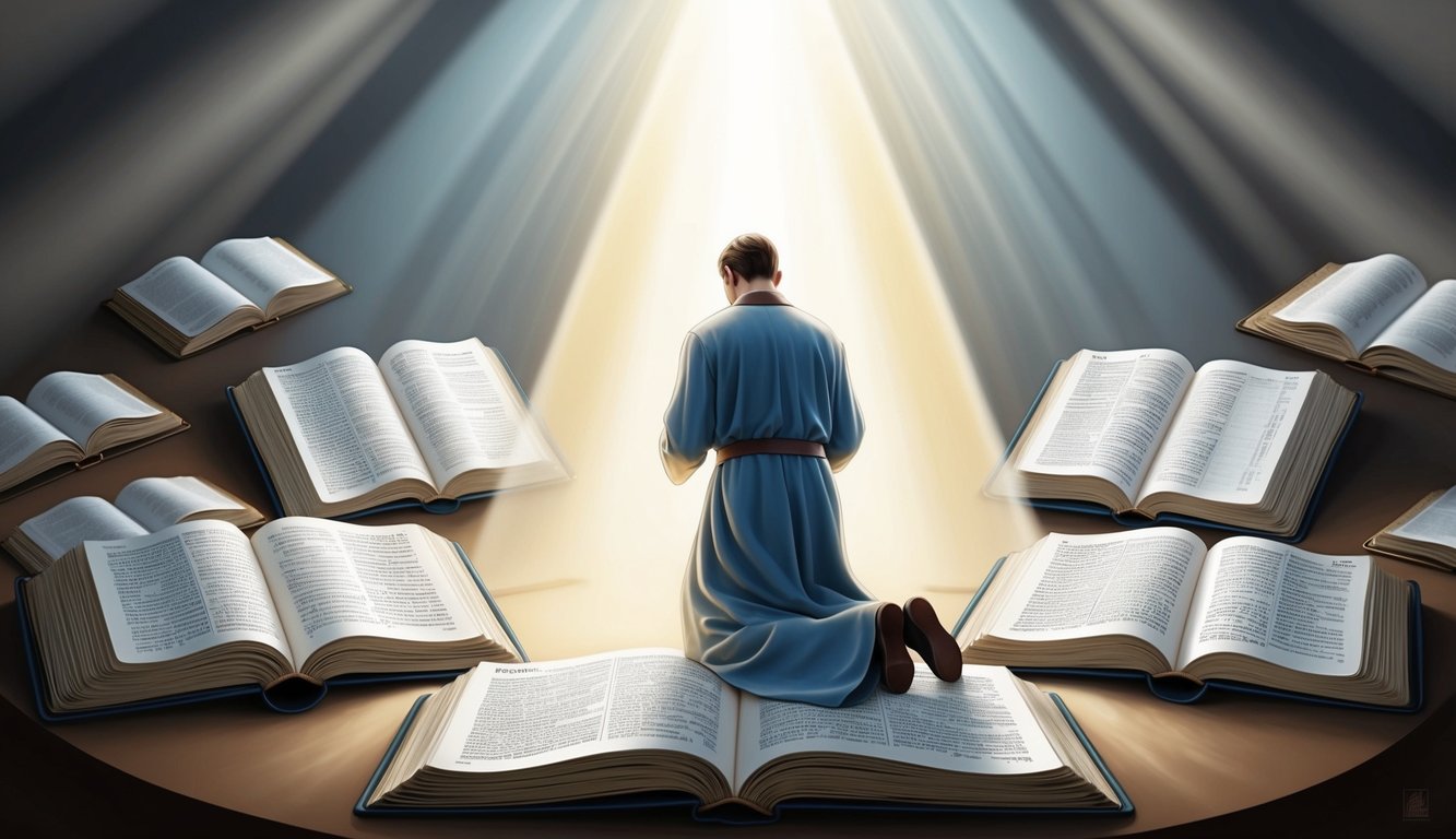 A figure kneeling in a beam of light, surrounded by open scriptures and a sense of introspection and solemnity