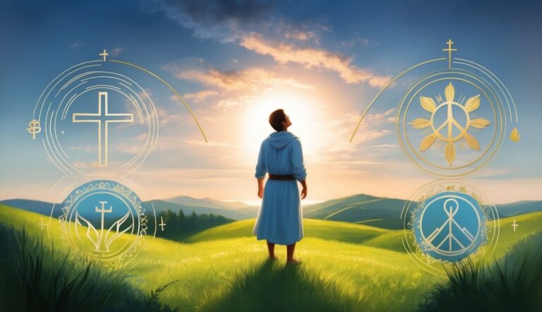 Man in blue robe looking up at the sun with religious symbols