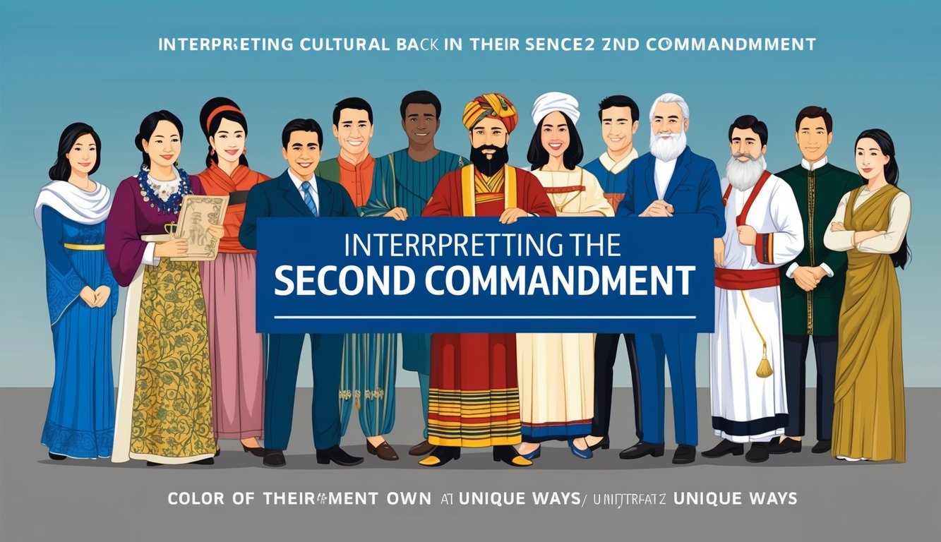 A group of people of different cultural backgrounds interpreting the second commandment in their own unique ways