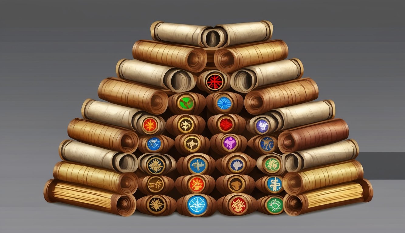 A stack of ancient scrolls, each with a different symbol, arranged in a circular pattern