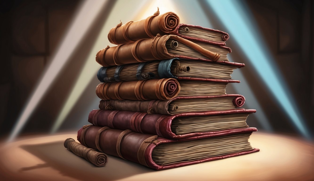 A stack of ancient scrolls surrounded by beams of light